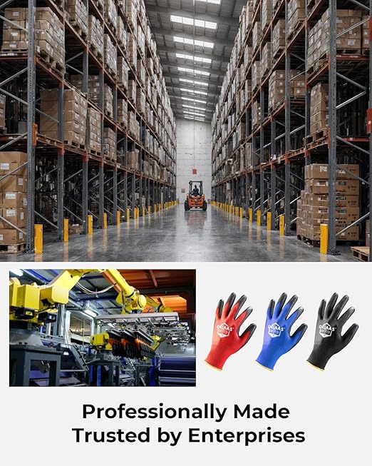 OKIAAS Men's Ultra-Thin and Lightweight Working Gloves with Grip, 12 Pairs Bulk Pack, Construction Gloves with Polyurethane Coating, Safety Gloves for Light Duty Work, Red, Medium