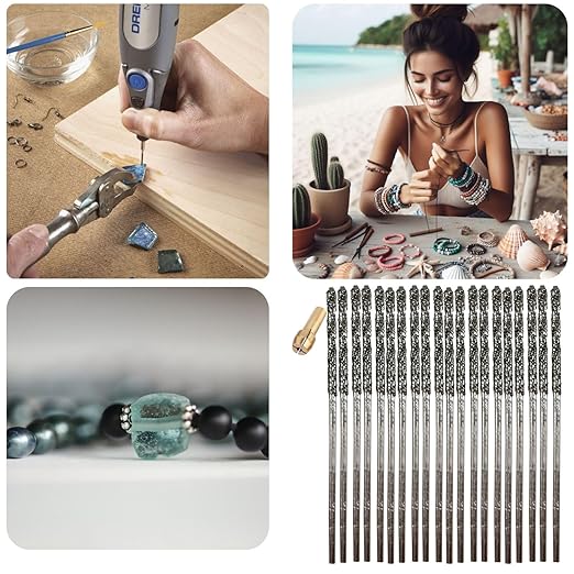 Diamond Drill Bits 1.5mm 20 Pieces Compatible with Dremel Collet Included Twist Tip Jewelry Beach Sea Glass Shells Gemstones Lapidary Ornament Bracelet Necklace Arts Crafts