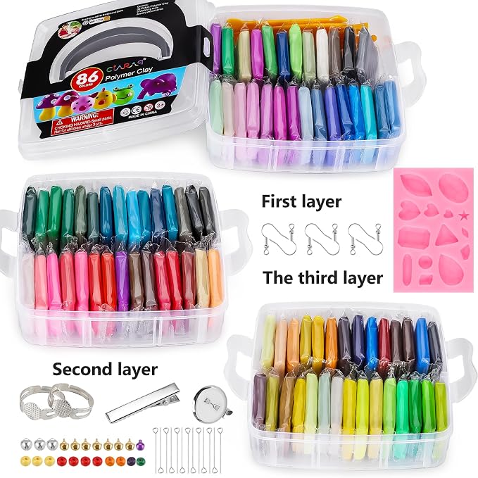 CiaraQ 86-Color Polymer Clay Oven Bake Modeling Kit | 14 tools, 3‑layer box - Image 3
