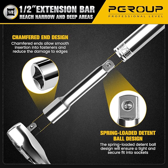1/2-Inch Drive Ratchet Wrench, 90-Tooth Quick-release Reversible Ratchet Wrench with an Extension Bar(3 inch), 10" Long Socket wrench, 4-Degree Swing, Full Polished, Cr-Mo Head For Gifting, Repairing