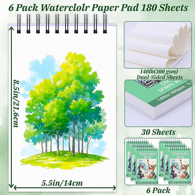 UZLU 6 Pack Watercolor Paper Pads, 5.5 x 8.5 Inch, 180 Sheets Total | 140 - Image 2