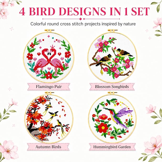 Zhenqing 4 Bird Circle Cross Stitch Kit 11CT Pre-Printed Floral Bird Embroidery - Image 3