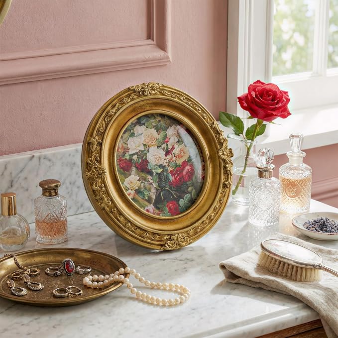 Cuspin Vintage Picture Frame 4x4 Gold Frames, Ornate Round Resin Photo Frame - Image 7