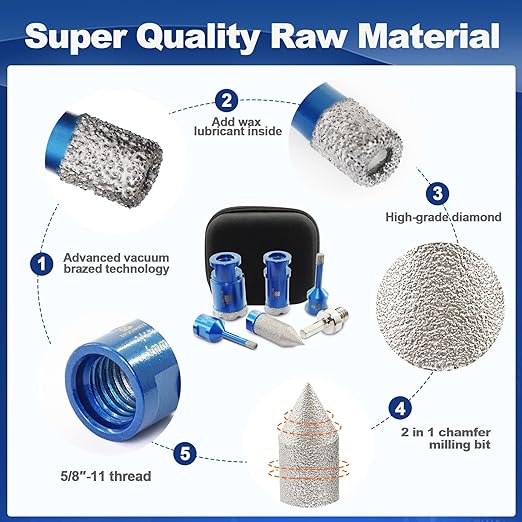 Tile Hole Saw Kit - BRSCHNITT Diamond Core Drill Bit Set 1/4",5/16",1",1-3/8"Drill Bit &4/5" Diamond Chamfer Milling Bit for Porcelain Tile Ceramic Marble Granite & Adapter