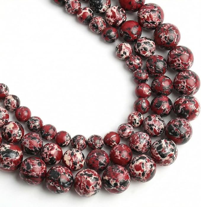 48pcs Black Red White Imperial Jasper Gemstone Beads，8mm Round Loose Stone Beads by Yochus