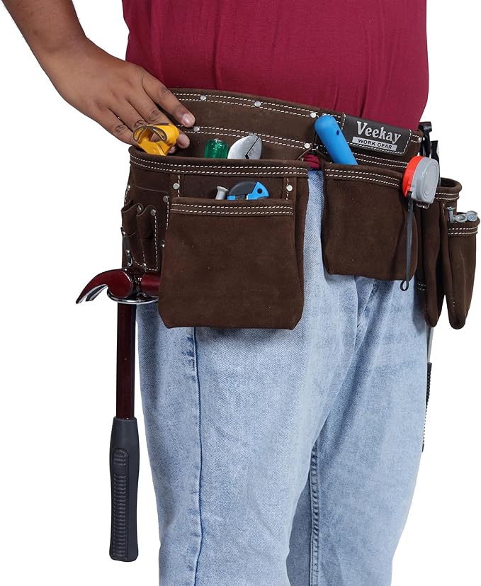 VEEKAY Brown Leather Tool Belt 11 Pocket Suede with 2-Inch Wide Nylon Belt & Pouch, Fits 32" to 50" Waist – Durable for Construction, Carpenters, and Framers