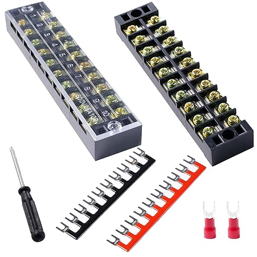 Terminal Block (2 Sets) 2Pcs 10 Positions Dual Row 600V 25A Screw Terminal Strip Blocks with Cover&2Pcs Pre-Insulated Barrier Termina Block Strip&20Pcs Insulated Fork Wire Connector