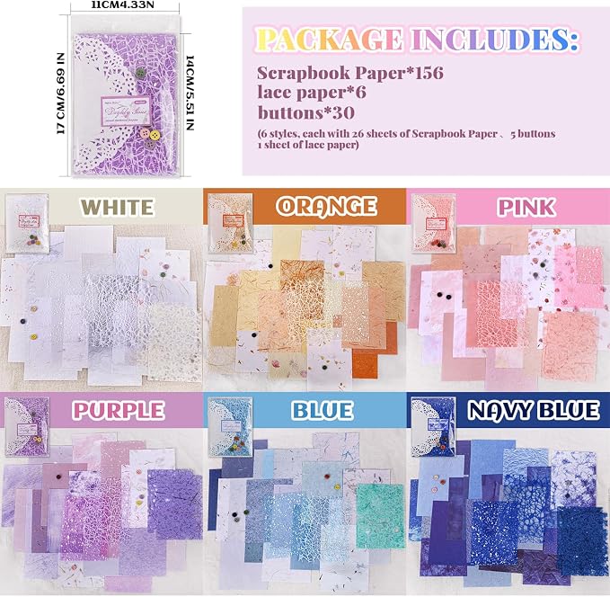 156Sheets Textured Scrapbook Paper & Mesh Fabric Assorted Set+30 Buttons - Image 4
