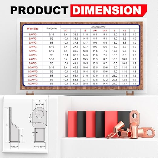 AIRIC UL Listed 1/0 AWG - 5/16" Battery Cable Lugs, Heat Shrink Ring Terminals End, Copper Cable Ends, Wiring Connector Terminal, Electrical Crimp Connectors, Wire Lug for 1/0 Gauge Wires, 4 PCS