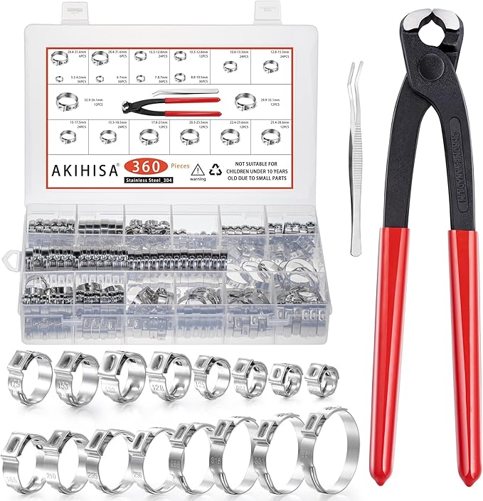 AKIHISA 360pcs 16 Sizes Single Ear Hose Clamps, 5.3-36.1mm Stainless Steel_304 Crimp Hose Clamps Cinch Rings Assortment Kit for Automotive, Pipe, Plumbing