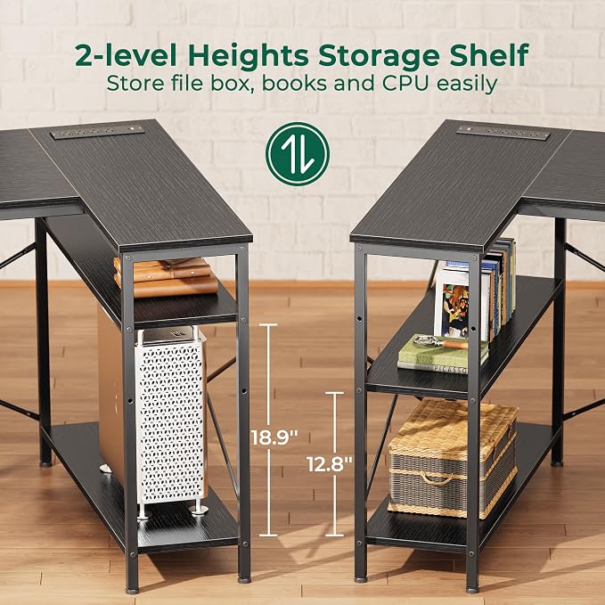Huuger L Shaped Desk with Power Outlets, 63 Inch Reversible Computer Desk with - Image 3