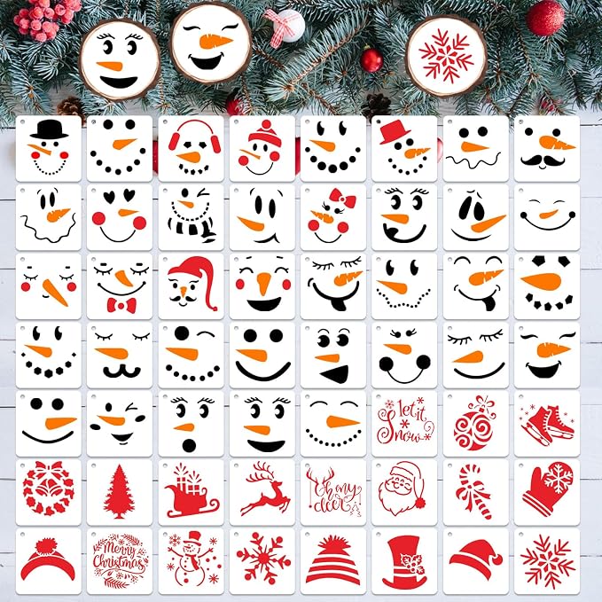 Augshy Christmas Snowman Face Stencils, 56 Pack Reusable Plastic Drawing by Augshy