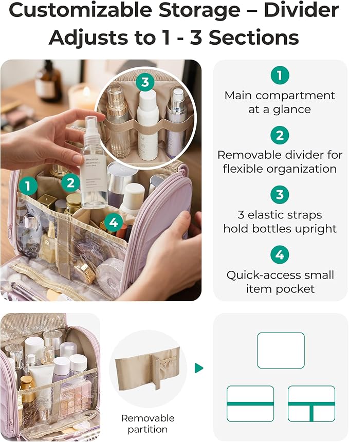 BAGSMART Hanging Toiletry Bag with Removable Partition, Puffy Water-resistant Fabric, Cosmetic Bag Makeup Bag for Full Sized Toiletries, Nude Pink