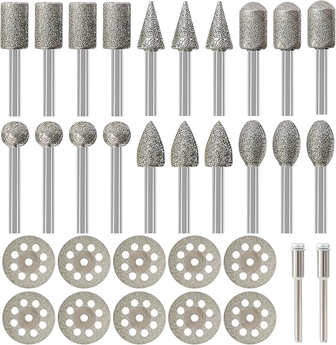 Diamond Burr Set for Dremel, Rotary Tool Diamond Cutting Wheel Stone Glass Tile Jewelry Rock Engraving Bits 1/8" Diamond Grinder Bits Set Carving Cutter Metal Engraver Kit - 32pc Set