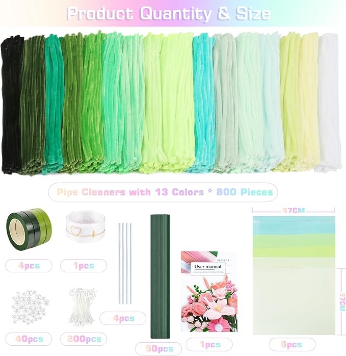 800PCS Pipe Cleaners Flower Kit, Thick Green Pipe Cleaner Bulk Craft | 16 - Image 2