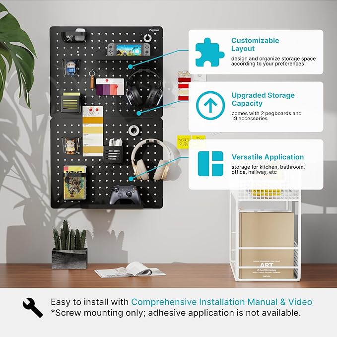 Pegboard Wall Organizer Combination Kit,Overall 33.1"x20.5" Metal Office Pegboard with 19 Accessories, Wall Mounted Peg board Display Panels for Home, Gaming Room, Garage (2Pcs,Black)