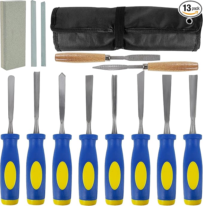 Lulu Home 13 PCS Wood Chisel with Canvas Bag, Wood Carving Tool Set Including Steel Beveled Chisel Tools with Rubber Handles, Rasps and Sharpening Stones for Woodworking