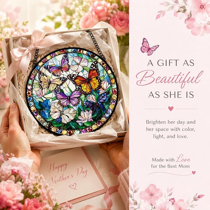 Butterfly Flower Acrylic Suncatcher Faux Stained Glass Window Hanging 11.8" | - Image 4