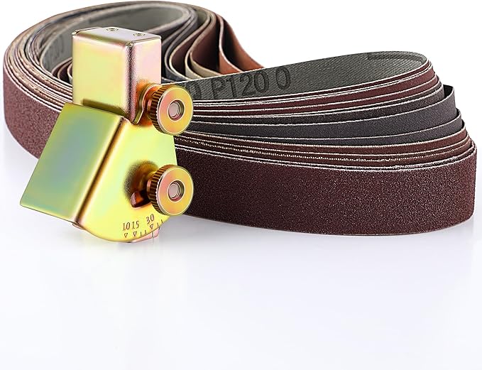 Feekoon Assorted 12 Pack of 1x30 Sanding Belts, with Adjustable Knife Sharpening Angle Guide for 1 x 30 Belt Sander, Knife Sharpening Jig Angles from 10 to 45