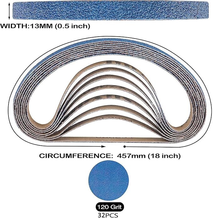 1/2 x 18 Inch Sanding Belts 120 Grit, 32PCS 1/2" x 18" Zirconia Sanding Belts for Belt Sander, 1/2 by 18 Inch Sanding Belts for Air Belt Sanders, Wood Working, Metal Polishing, Derusting, 32-Pack
