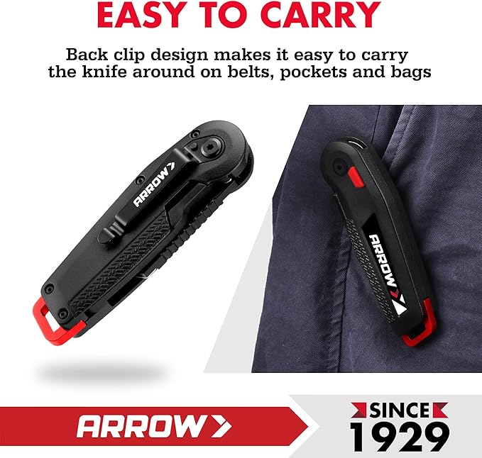 ARROW Utility Knife with Blade Storage Design, Quick Change Box Cutter, Speed Release Folding Knife with Belt Clip and Landyard Hole, Extra 13 Pieces SK2 Blades Included