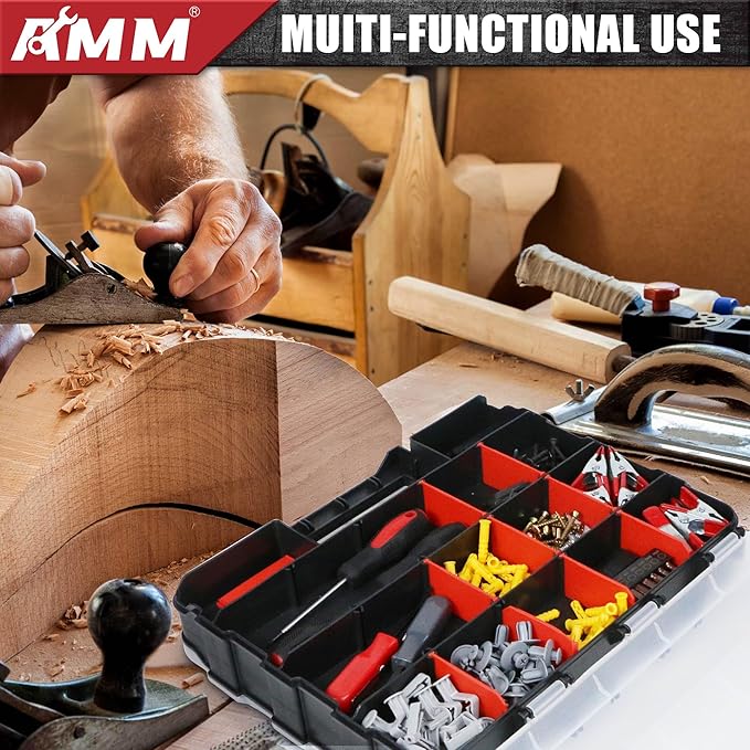 AMM Tool Box, Double Side Tool Box Organizer with 34 Compartments, Removable Dividers, Tackle Box Small Parts Screw Hardware Organizer for Screws, Nuts, Nails and Bolts (2 Piece, Red)