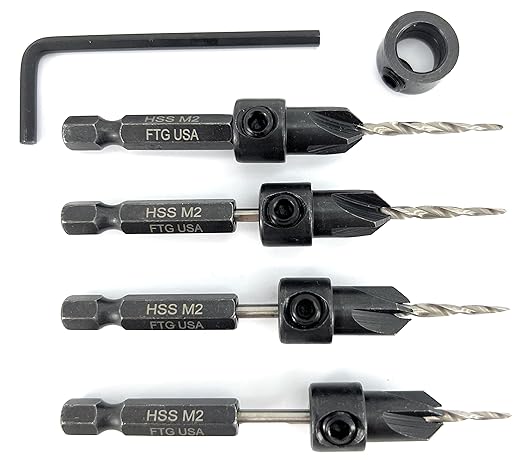 FTG USA Adjustable Wood Countersink Drill Bit Set 4 Pc #4 (7/64") with Tapered Drill Bit for Woodworking