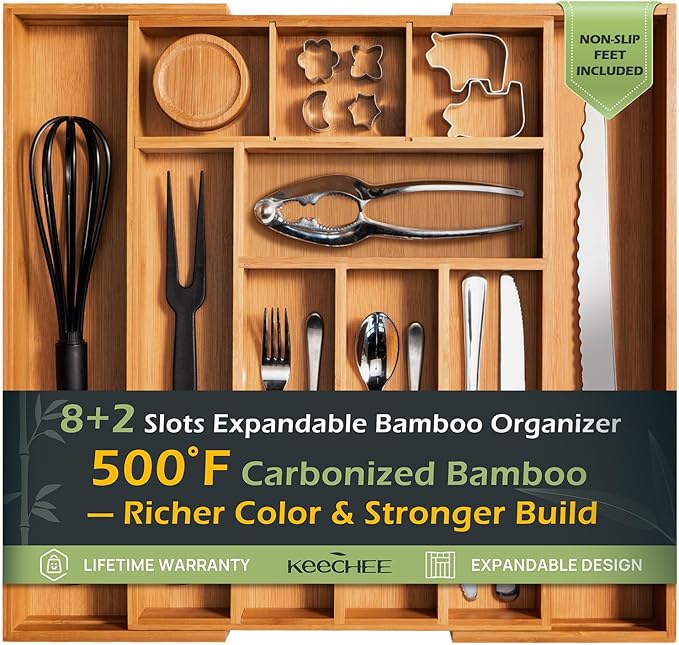Carbonized Bamboo Kitchen Drawer Organizer, 8-10 Slots Expandable Silverware Organizer, Utensil Holder & Cutlery Tray, 2.2" Deep for Extra Capacity, Non-Slip Feet Included
