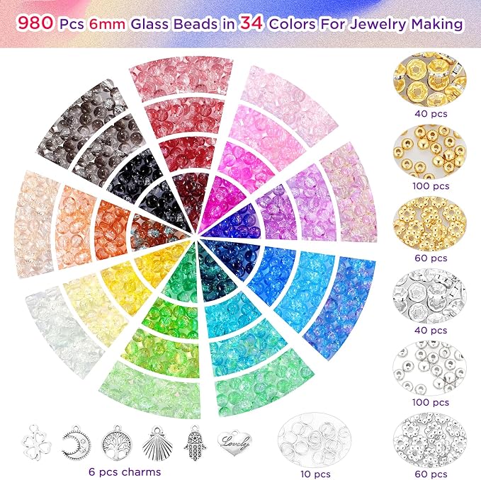 Funtopia Glass Beads Bracelet Making Kit, 34 Colors Round Crystal Beads - Image 2