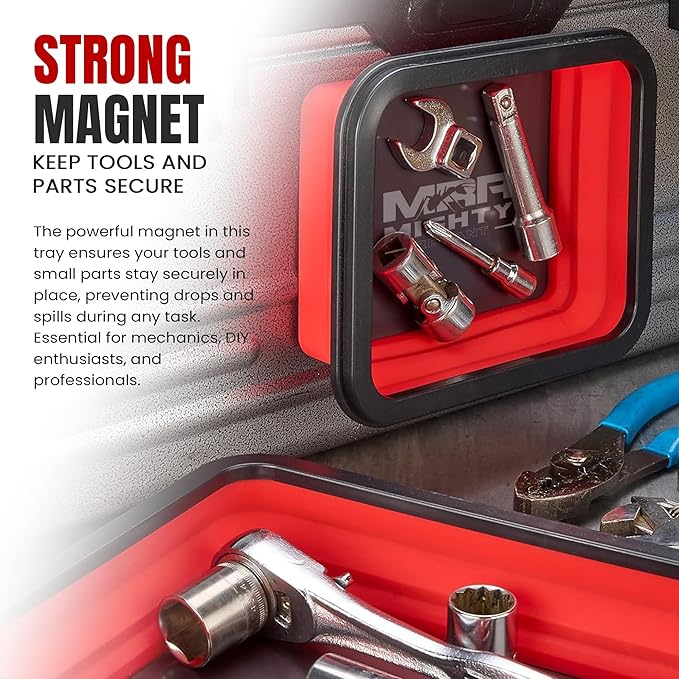 Collapsible Magnetic Tray Set of 3 Sizes – Foldable Silicone Tool Tray Organizer for Screws, Bolts, Nuts, Washers, Pins, & Small Metal Parts with Durable Magnetic Base (Red)