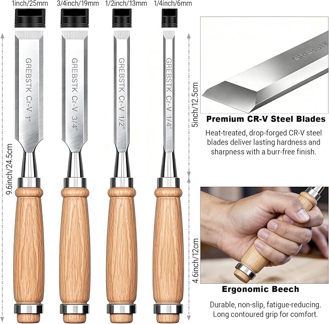 GREBSTK 4-Piece Ultra-Sharp Wood Chisel Set, CR-V Steel Beveled Blades - Image 2