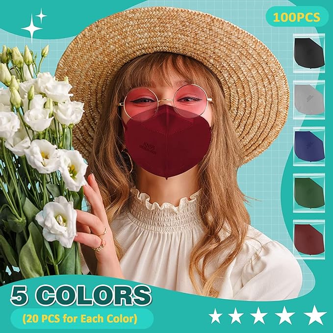 XDX KN95 Face Masks, 100 Packs Individually Wrapped Multicolor Face Masks for Men and Women, 5 Layers Comfortable Masks Disposable, Filter Efficiency ≥95%