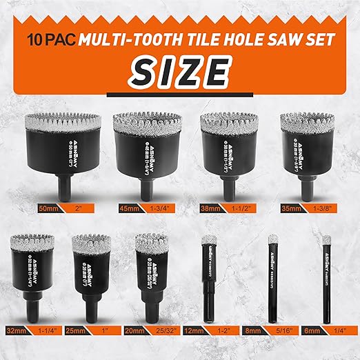 ASNOMY 10PCS Diamond Hole Saw Set, 1/4"-2" Inch Serrated Brazing Tile Hole Saw Diamond Core Drill Bits Set with EVA Mold Hole Saw Guide Jig for Porcelain Tile Glass Ceramic Stone Granite Marble