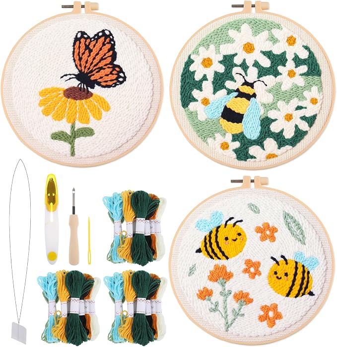 3 Pcs Punch Needle Kits, 7.87 Inch Cute Floral, Bees and Butterfly Punch Needle by Unknown