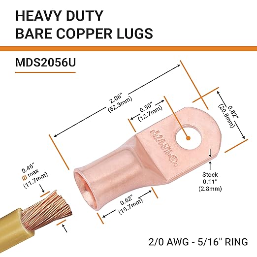 SELTERM 2pcs 2/0 AWG 5/16" Stud Copper Wire Lugs, Battery Lugs, Ring Terminals, Battery Cable Ends, 00 Gaug Ring Terminal Connectors, UL Heavy Duty Bare Copper Eyelets Battery Terminal Connectors