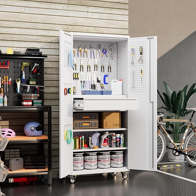 Metal Garage Storage Cabinet with Wheels,71" H Rolling Tool Cabinet with Pegboard,Hooks and 1 Drawer for Garage Warehouse Home, Assembly Required,White