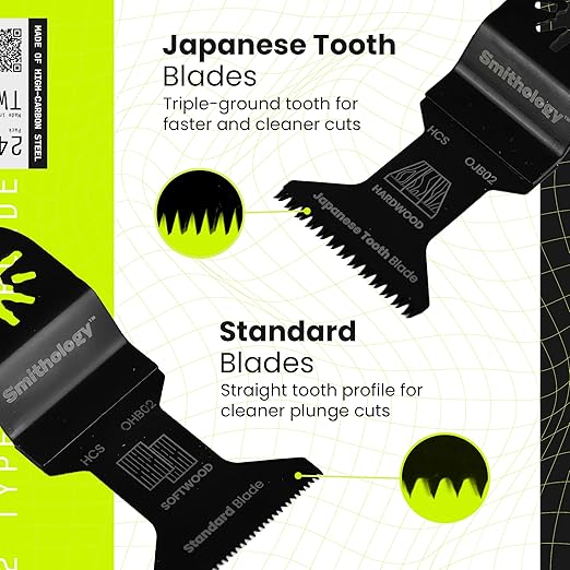 Smithology 24PCS Oscillating Saw Blades - 6 Japanese Tooth & 18 Standard Multi Tool Blades Kits, 33mm & 44mm with Precision-Ground Teeth, for Cutting Wood, PVC, Laminate Flooring, & Drywall