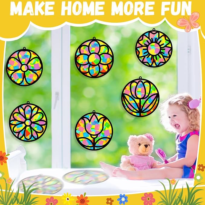 32 Sets Spring Floral Suncatchers Craft Kit DIY Window Stained Glass Effect - Image 5