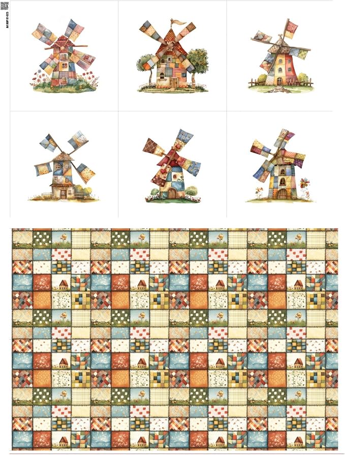 Patchwork Fabric Panel with Windmill Designs – 100% Cotton Satin, 6 Printed by FabricsTown