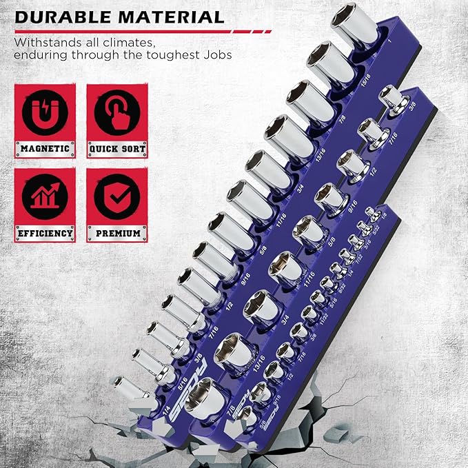 6-Piece 1/4" 3/8" 1/2"-Driver SAE Magnetic Socket Organizer Set (Holds 68 Sockets) - Detachable Tool Tray with 5mm Magnetic Base for Garage/Home Workshop(Sockets Not Included)