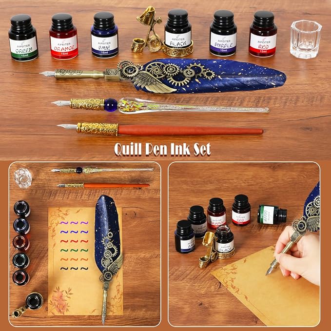 Aifeiter Quill Pen Ink Set-Feather Calligraphy Pen and Set, includes 6 Bottles - Image 2