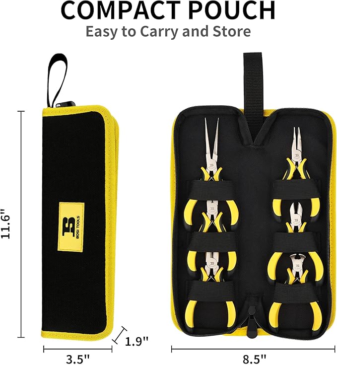 BOSI TOOLS 6-piece Mini Pliers Set, Needle Nose Pliers, Diagonal Pliers, Long Nose Pliers, Bent Nose Pliers, End Cutters and Linesman Pliers, with Storage Pouch Making Craft Electronic Repair