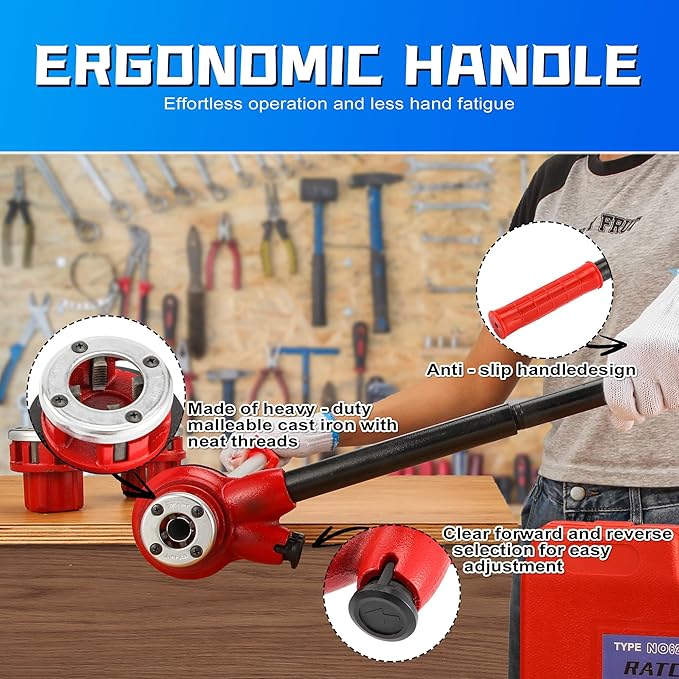Pipe Threader Ratchet Kit， Manual Ratcheting Pipe Threading Tool Set with 6 NPT Dies (1/4" 3/8" 1/2" 3/4" 1" 1-1/4"),Portable Pipe Threading Tool Set for Galvanized Aluminum Iron Copper Pipes