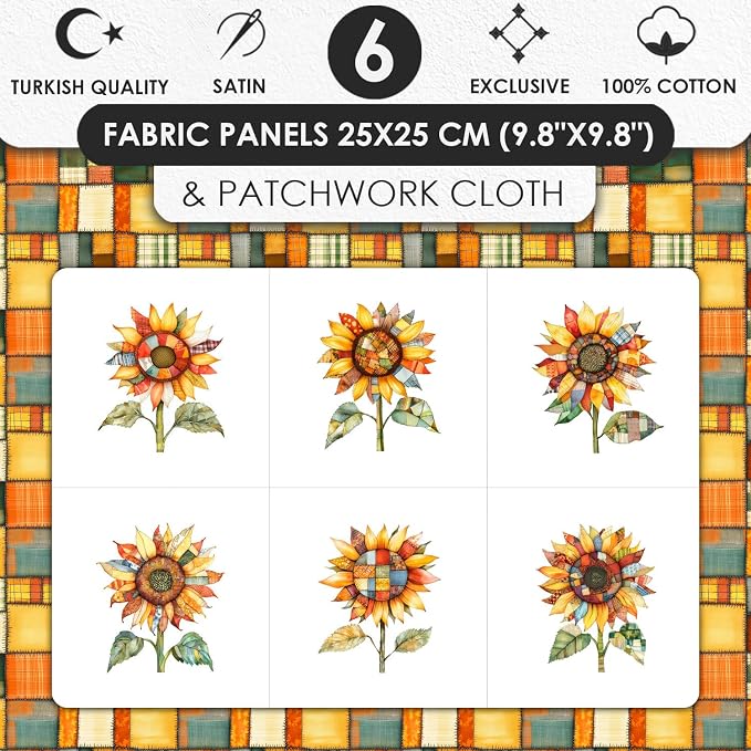 Patchwork Sunflower Cotton Fabric Panel – Six 10×10 inch Designs + Bonus - Image 2