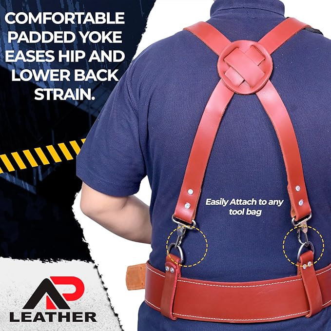 Tool Belt Suspenders – Heavy-Duty Adjustable Work Suspenders with 4 Detachable D-Loop for Construction Tool Belt (Maroon)