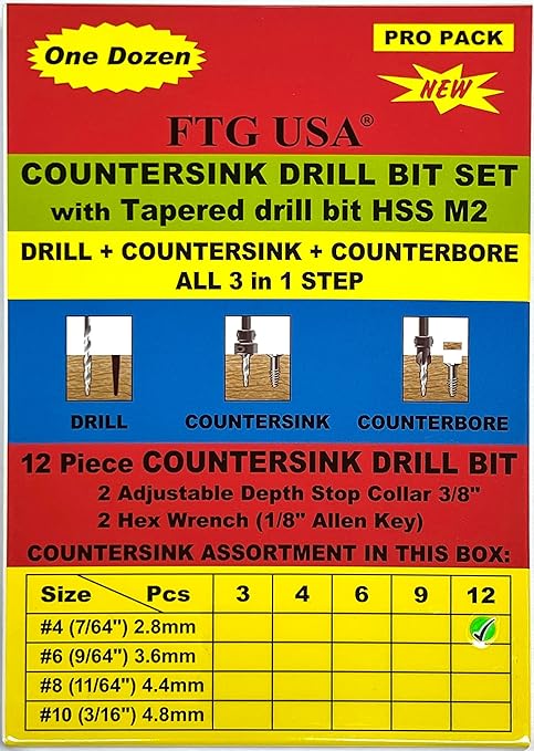 FTG USA Countersink Drill Bit Set for Wood with Tapered Drill Bit 12 Pc #4 (7/64")