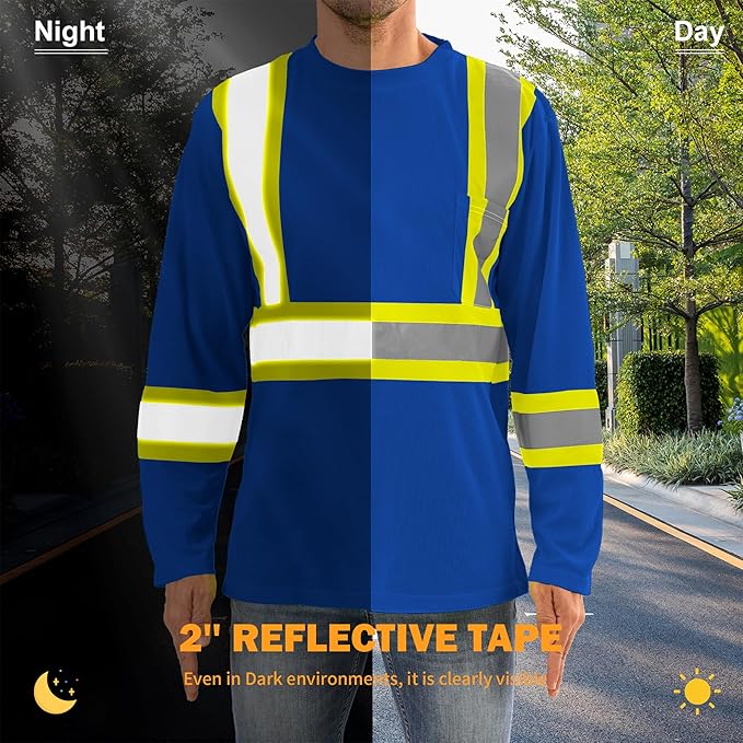 Hi Vis Safety Long Sleeve Shirts，High Visibility Class 3 T Shirts with Reflective Strips and Pocket, Quick Dry Mesh Construction Work Shirt for Men/Women (Blue,5XL)
