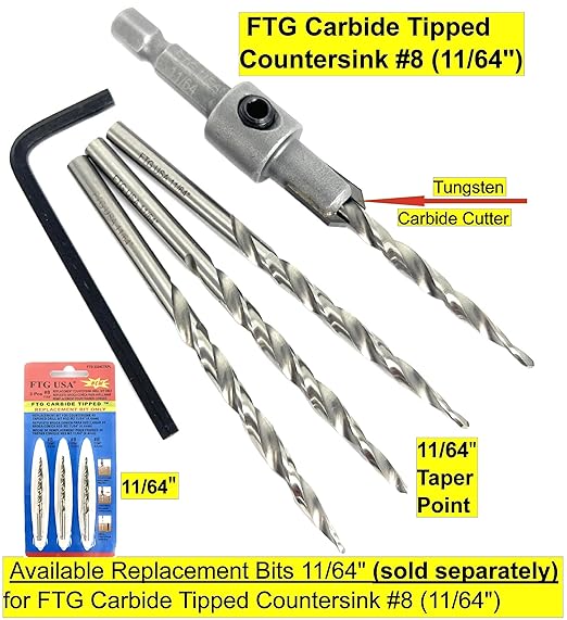 FTG USA #8 (11/64") Tungsten Carbide Tipped 82 Degree Countersink Drill Bit with Tapered Drill Bit, 1/4 Inch Quick Change Hex Shank and Allen Wrench
