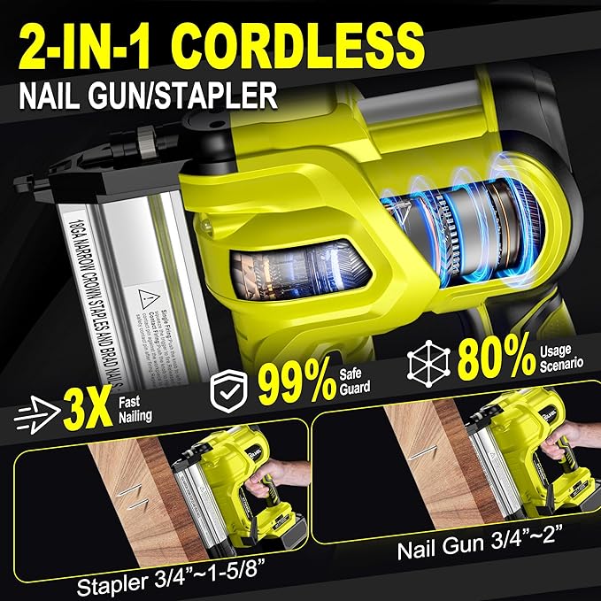 SILVEL 2" Cordless Brad Nailer, 2-in-1 21V Electric Brad Nailer Stapler with 2 * 4.0Ah Battery, 1000pcs Nails, 18GA Staples, Adjustable Depth for Woodworking, Home Improvement