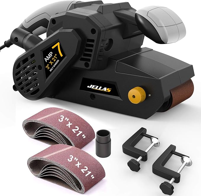 Jellas 3 × 21-Inch Belt Sander with Dust Bag, 7Amp Sander Machine with Variable-speed Control, 2 in 1 Vacuum Adapter, 10Feet (3 meters) Length Power Cord, Belt Sanders for Woodworking BS750-SD